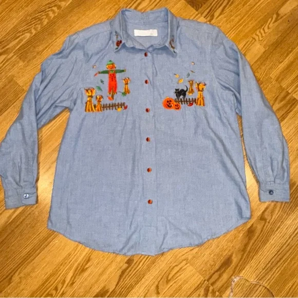 Karen Scott Chambray Halloween Button Up Shirt 100% Cotton Sz XL - Picture 2 of 7